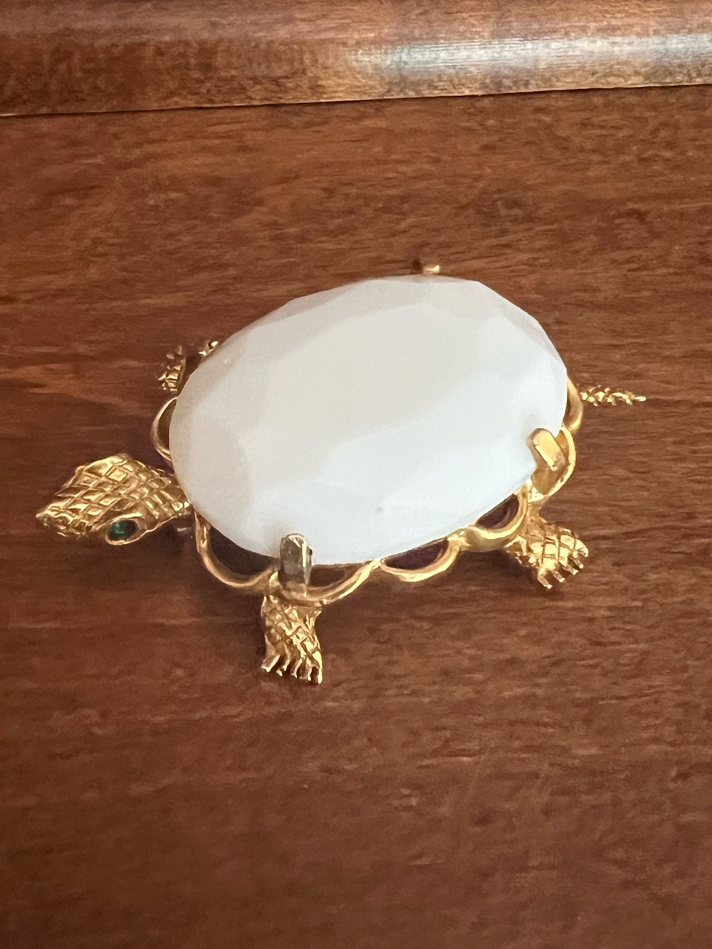 Vintage white stone and gold metal large turtle pin brooch
